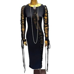 Black Long Sleeve Lace-Up Cut-Out Bodycon Clubwear Long Maxi Dress